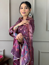 Thumbnail for Lyush Women Viscose Chanderi Kurta With Pant And heavy Embroidery Dupatta Set - Wine