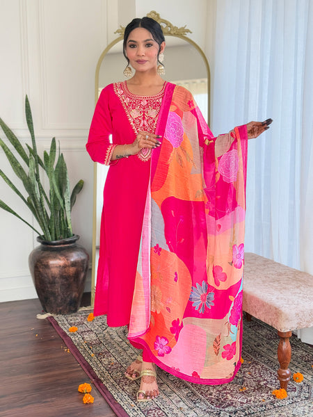Malishka Women's Pink Viscose Chanderi Embroidered Straight Kurta Pant With Dupatta