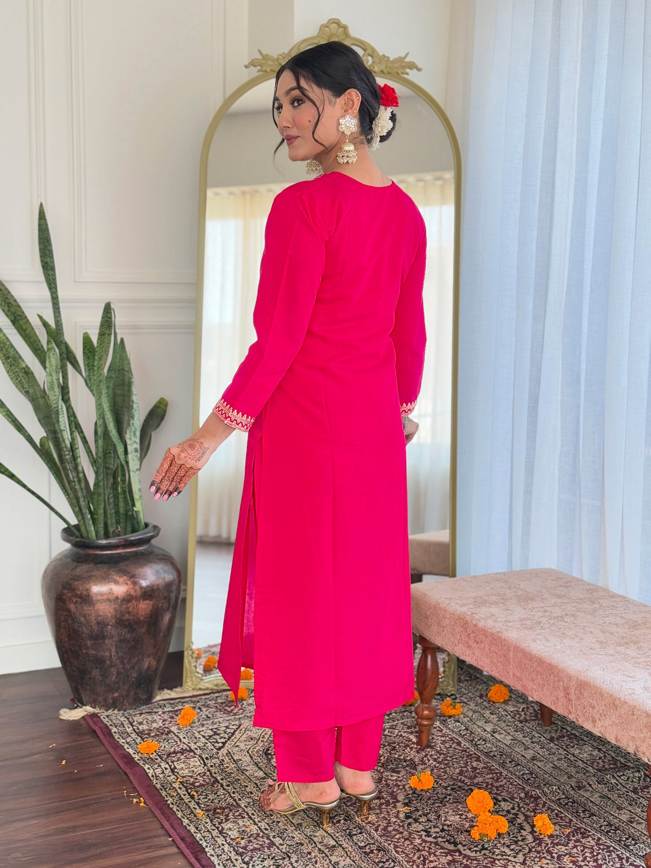 Malishka Women's Pink Viscose Chanderi Embroidered Straight Kurta Pant With Dupatta