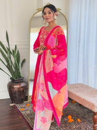 Thumbnail for Malishka Women's Pink Viscose Chanderi Embroidered Straight Kurta Pant With Dupatta