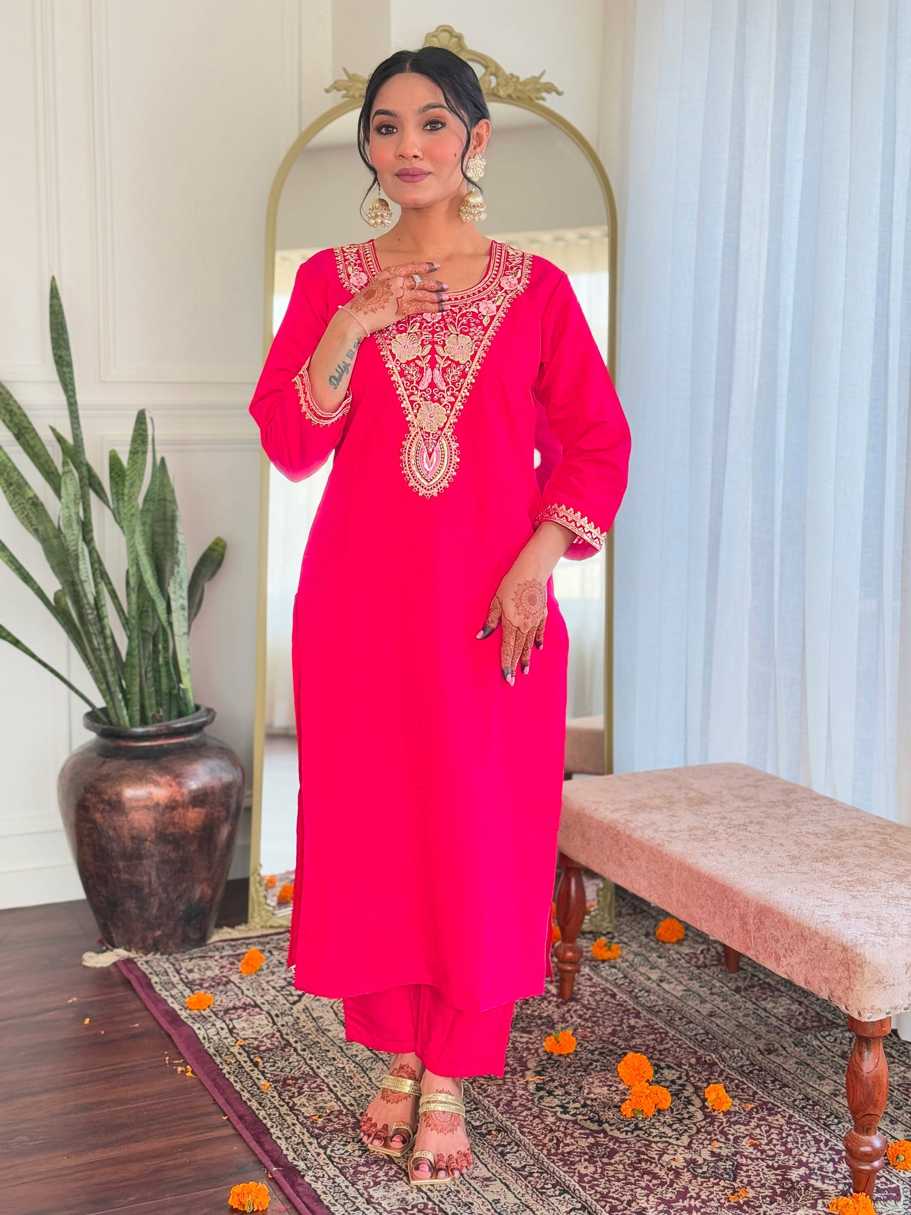 Malishka Women's Pink Viscose Chanderi Embroidered Straight Kurta Pant With Dupatta