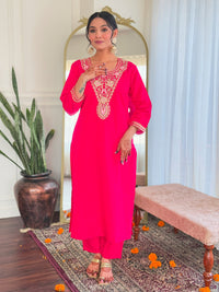 Thumbnail for Malishka Women's Pink Viscose Chanderi Embroidered Straight Kurta Pant With Dupatta