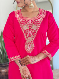 Thumbnail for Malishka Women's Pink Viscose Chanderi Embroidered Straight Kurta Pant With Dupatta