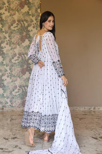 Thumbnail for Lyush Women's White Faux Georgette Embroidered Anarkali Kurta Pant With Dupatta