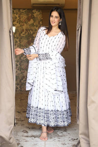 Thumbnail for Lyush Women's White Faux Georgette Embroidered Anarkali Kurta Pant With Dupatta