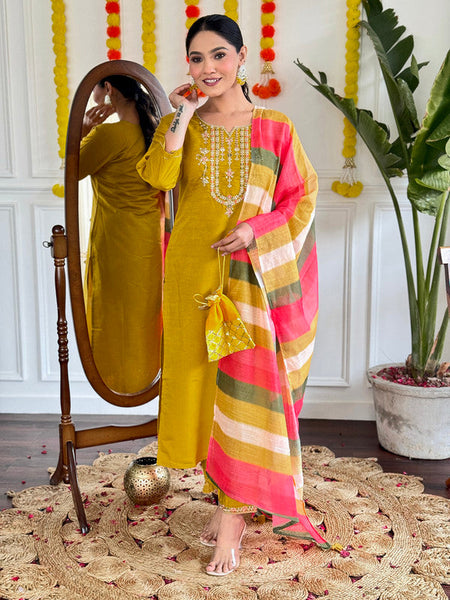 Lyush Women's Viscose Chanderi with Embroidered Straight Kurta with Pant And Pure Linen Dupatta Sets - Mustard