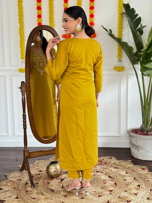 Lyush Women's Viscose Chanderi with Embroidered Straight Kurta with Pant And Pure Linen Dupatta Sets - Mustard