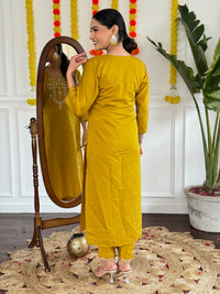 Thumbnail for Lyush Women's Viscose Chanderi with Embroidered Straight Kurta with Pant And Pure Linen Dupatta Sets - Mustard