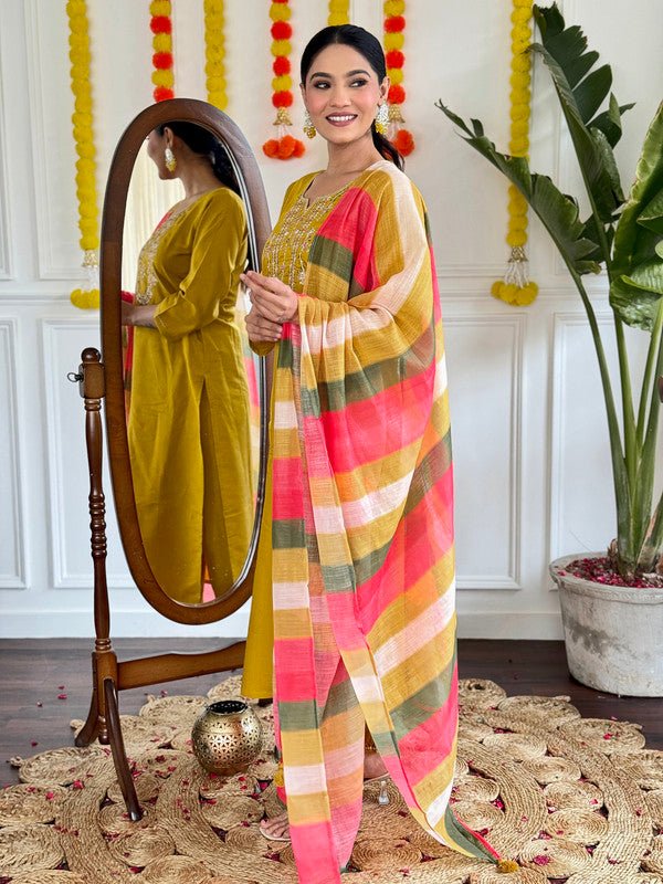 Lyush Women's Viscose Chanderi with Embroidered Straight Kurta with Pant And Pure Linen Dupatta Sets - Mustard