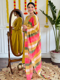 Thumbnail for Lyush Women's Viscose Chanderi with Embroidered Straight Kurta with Pant And Pure Linen Dupatta Sets - Mustard