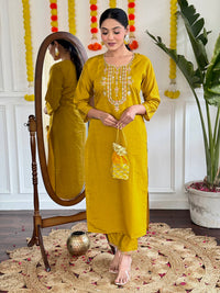 Thumbnail for Lyush Women's Viscose Chanderi with Embroidered Straight Kurta with Pant And Pure Linen Dupatta Sets - Mustard
