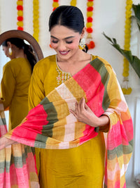 Thumbnail for Lyush Women's Viscose Chanderi with Embroidered Straight Kurta with Pant And Pure Linen Dupatta Sets - Mustard