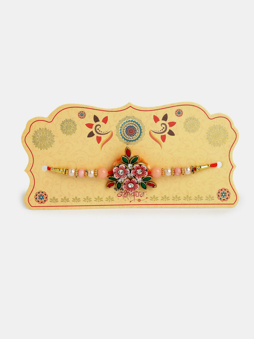 NVR Men Pink Floral Shape Stone-Studdded & Beaded Rakhi With Roli Chawal & Chocolate - Distacart