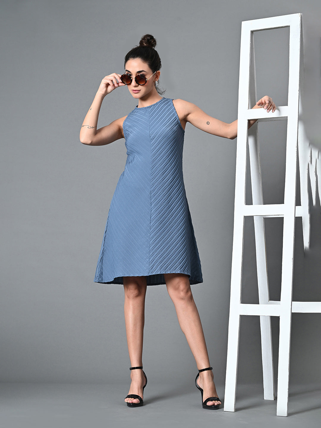 Myshka Women's Round Neck Sleeveless Embellished A-Line Dress in Grey Color