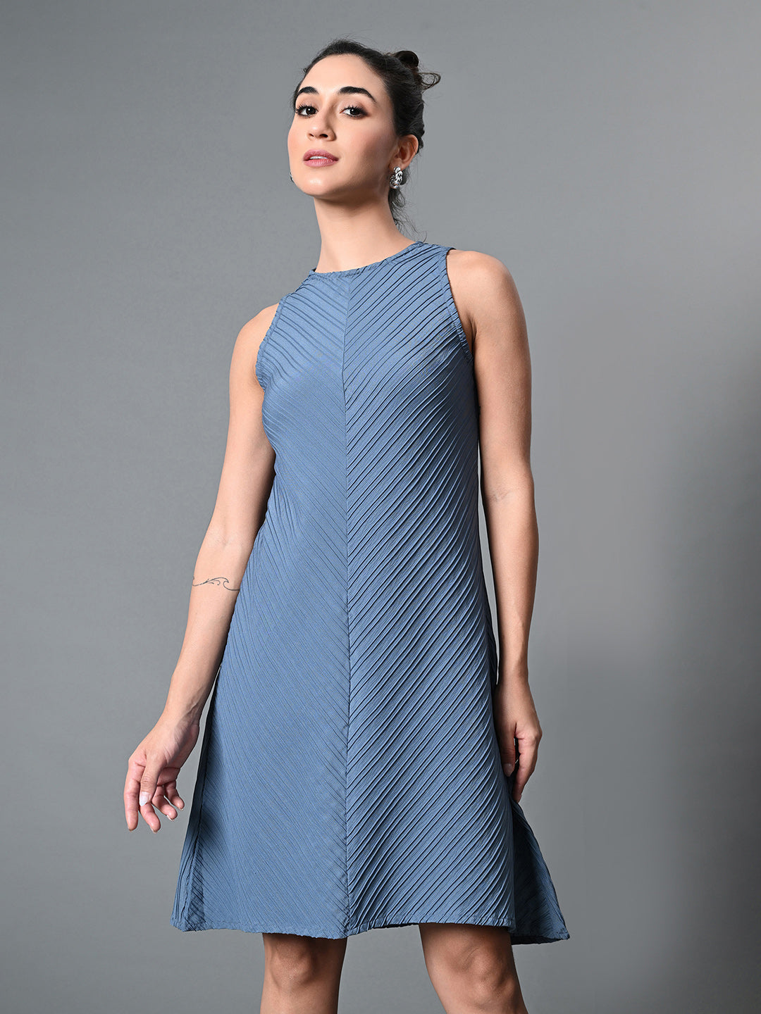 Myshka Women's Round Neck Sleeveless Embellished A-Line Dress in Grey Color