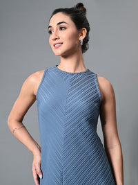 Thumbnail for Myshka Women's Round Neck Sleeveless Embellished A-Line Dress in Grey Color