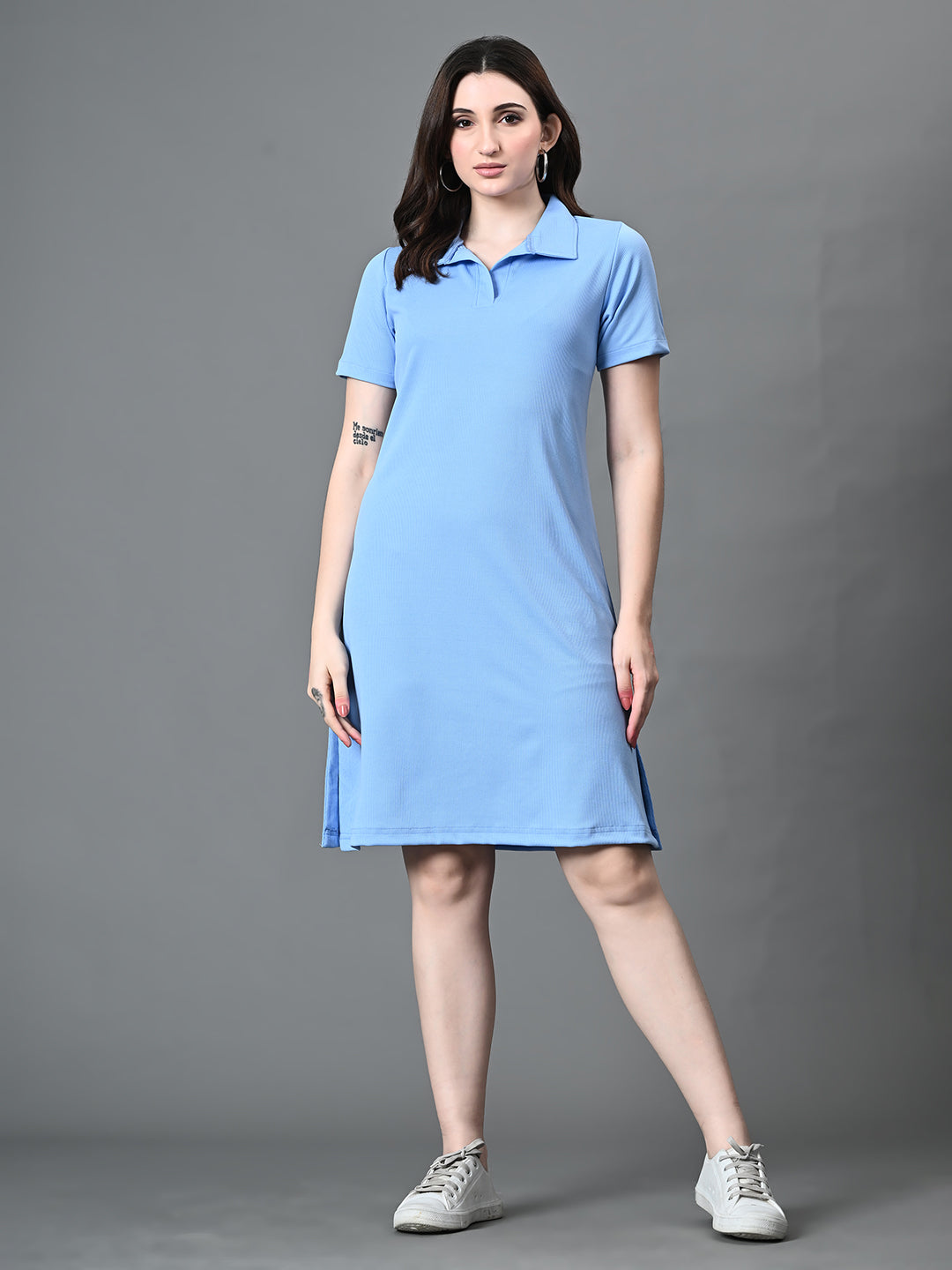 Myshka Women's Collared Neck Short Sleeves Ribbed A-Line Dress in Blue Color