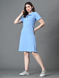 Thumbnail for Myshka Women's Collared Neck Short Sleeves Ribbed A-Line Dress in Blue Color