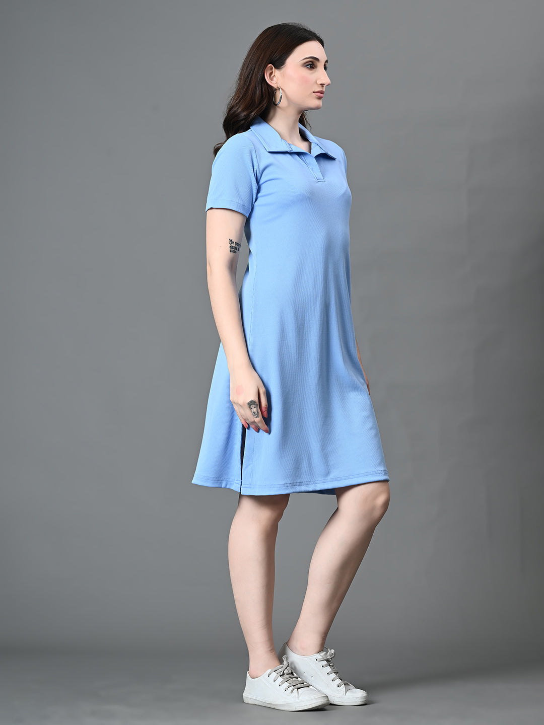 Myshka Women's Collared Neck Short Sleeves Ribbed A-Line Dress in Blue Color