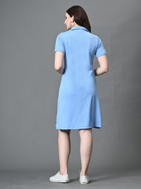 Thumbnail for Myshka Women's Collared Neck Short Sleeves Ribbed A-Line Dress in Blue Color