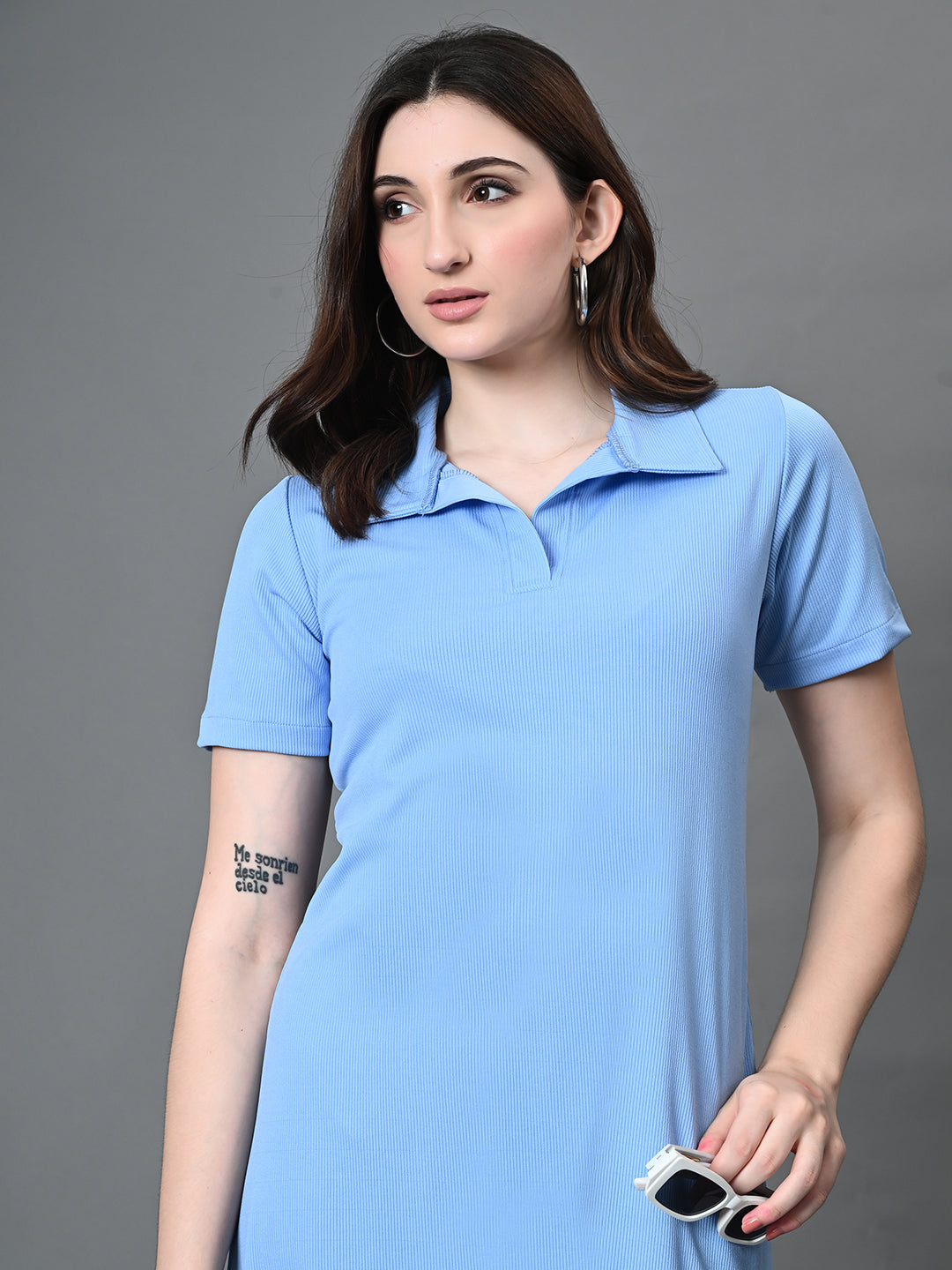 Myshka Women's Collared Neck Short Sleeves Ribbed A-Line Dress in Blue Color