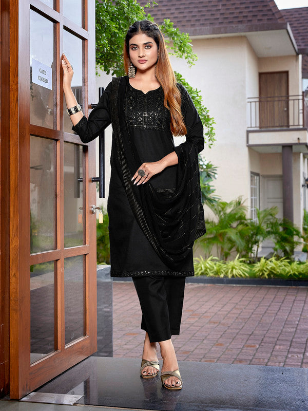 Lyush Women's Cotton Blend Embroidered Straight Kurta Pant With Dupatta - Black