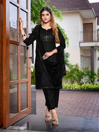 Thumbnail for Lyush Women's Cotton Blend Embroidered Straight Kurta Pant With Dupatta - Black