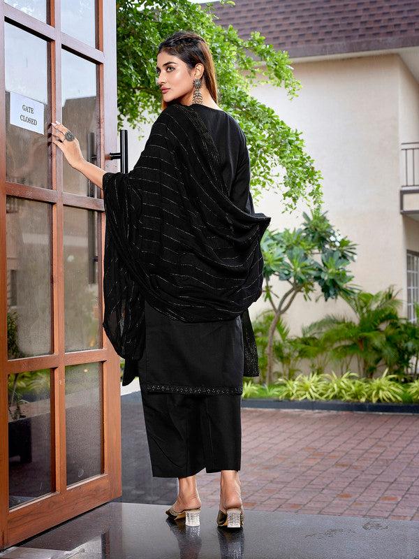Lyush Women's Cotton Blend Embroidered Straight Kurta Pant With Dupatta - Black