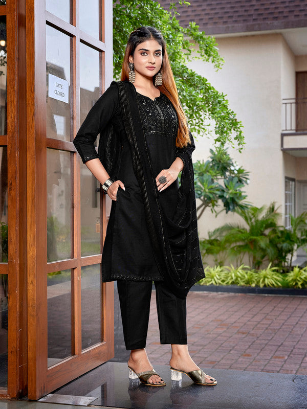 Lyush Women's Cotton Blend Embroidered Straight Kurta Pant With Dupatta - Black