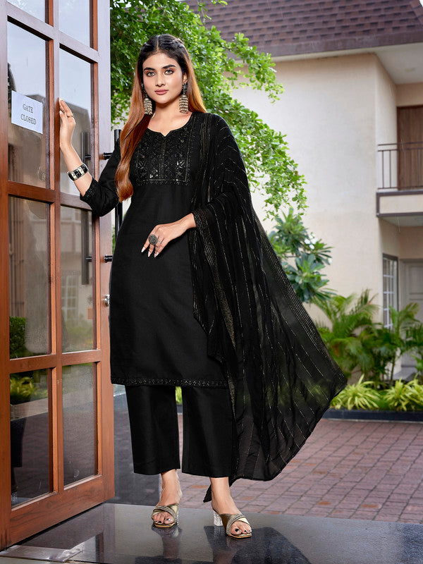Lyush Women's Cotton Blend Embroidered Straight Kurta Pant With Dupatta - Black