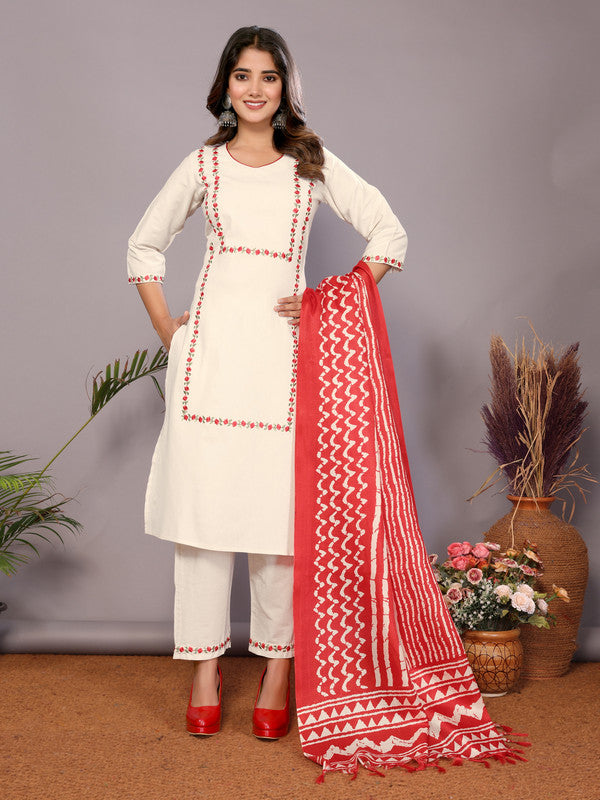 Malishka Womens Red Pure Cotton Embroidery Kurta Pant Set With Dupatta