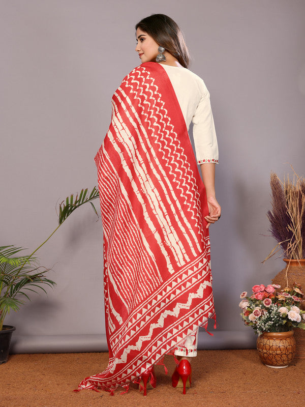 Malishka Womens Red Pure Cotton Embroidery Kurta Pant Set With Dupatta