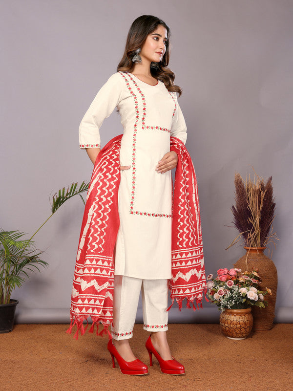 Malishka Womens Red Pure Cotton Embroidery Kurta Pant Set With Dupatta