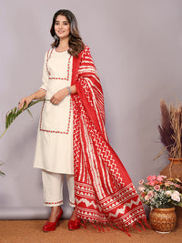 Thumbnail for Malishka Womens Red Pure Cotton Embroidery Kurta Pant Set With Dupatta