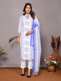Thumbnail for Malishka Women's Viscose Floral Printed Straight Kurta Pant With Dupatta - White & Blue