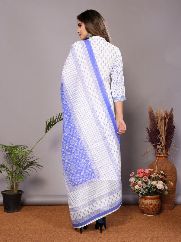 Malishka Women's Viscose Floral Printed Straight Kurta Pant With Dupatta - White & Blue