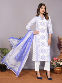Thumbnail for Malishka Women's Viscose Floral Printed Straight Kurta Pant With Dupatta - White & Blue