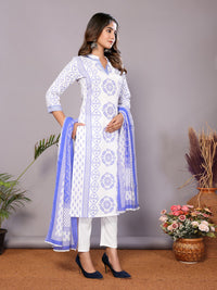 Thumbnail for Malishka Women's Viscose Floral Printed Straight Kurta Pant With Dupatta - White & Blue
