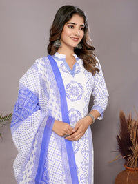 Thumbnail for Malishka Women's Viscose Floral Printed Straight Kurta Pant With Dupatta - White & Blue