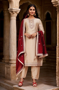 Thumbnail for Lyush Women's Beige Vichitra Straight Kurta with Pant And Dupatta Sets