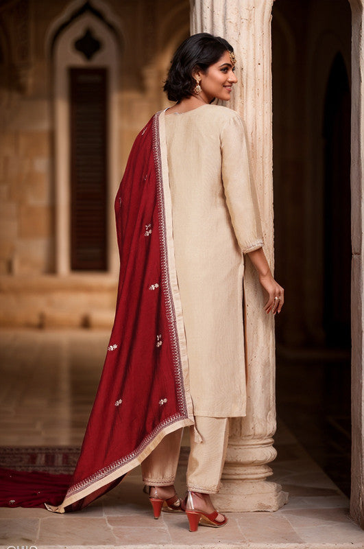 Lyush Women's Beige Vichitra Straight Kurta with Pant And Dupatta Sets