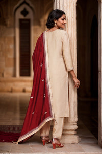 Thumbnail for Lyush Women's Beige Vichitra Straight Kurta with Pant And Dupatta Sets
