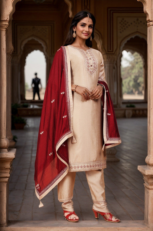 Lyush Women's Beige Vichitra Straight Kurta with Pant And Dupatta Sets