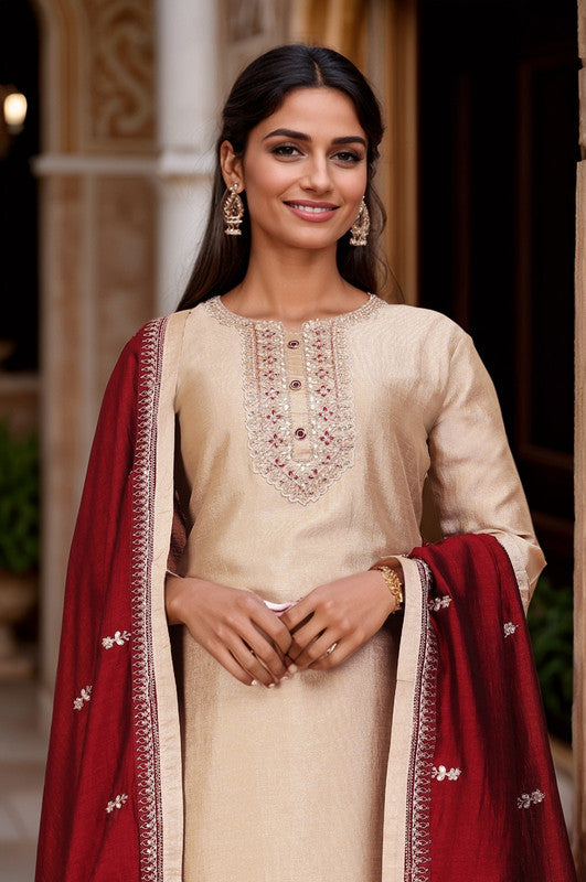 Lyush Women's Beige Vichitra Straight Kurta with Pant And Dupatta Sets