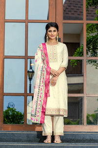 Thumbnail for Lyush Women's Cream Cotton Straight Kurta with Pant And Dupatta Sets