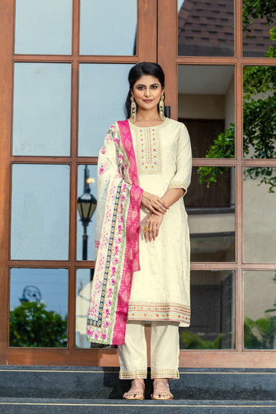 Lyush Women's Cream Cotton Straight Kurta with Pant And Dupatta Sets