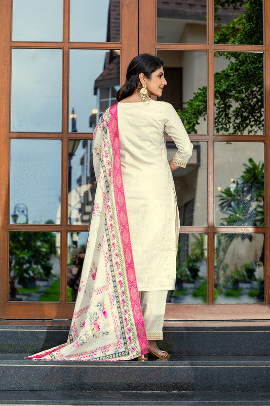 Lyush Women's Cream Cotton Straight Kurta with Pant And Dupatta Sets