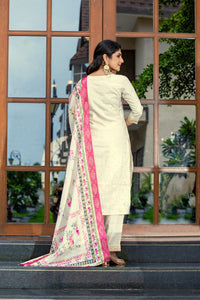 Thumbnail for Lyush Women's Cream Cotton Straight Kurta with Pant And Dupatta Sets