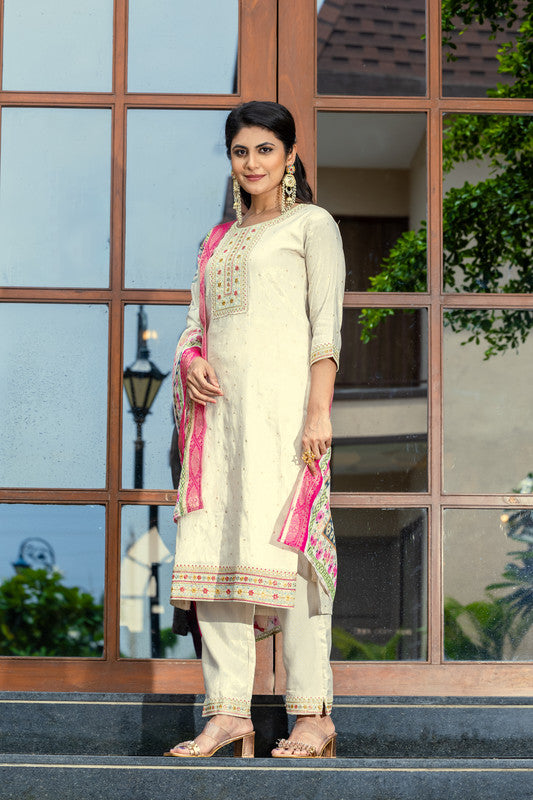 Lyush Women's Cream Cotton Straight Kurta with Pant And Dupatta Sets