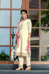Thumbnail for Lyush Women's Cream Cotton Straight Kurta with Pant And Dupatta Sets
